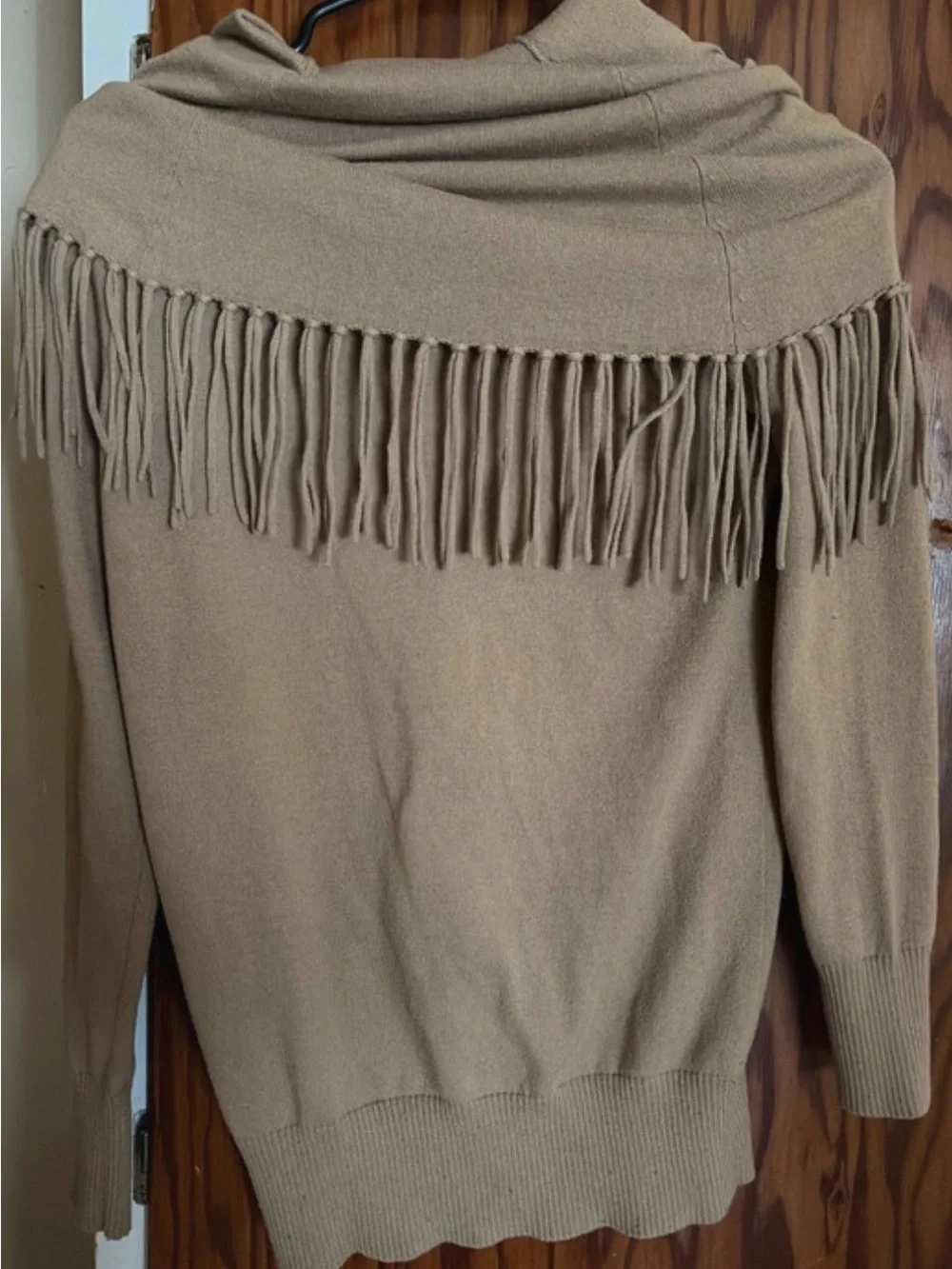 Michael Kors Camel Off-the-Shoulder Fringe Sweater